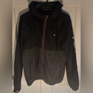 Tommy Hilfiger Black and Gray Hooded Windbreaker with Logo Sleeve Small